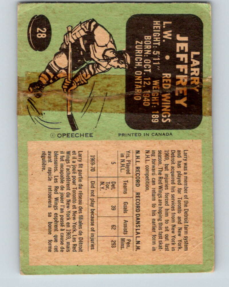 1970-71 O-Pee-Chee #28 Larry Jeffrey Detroit Red Wings V2484