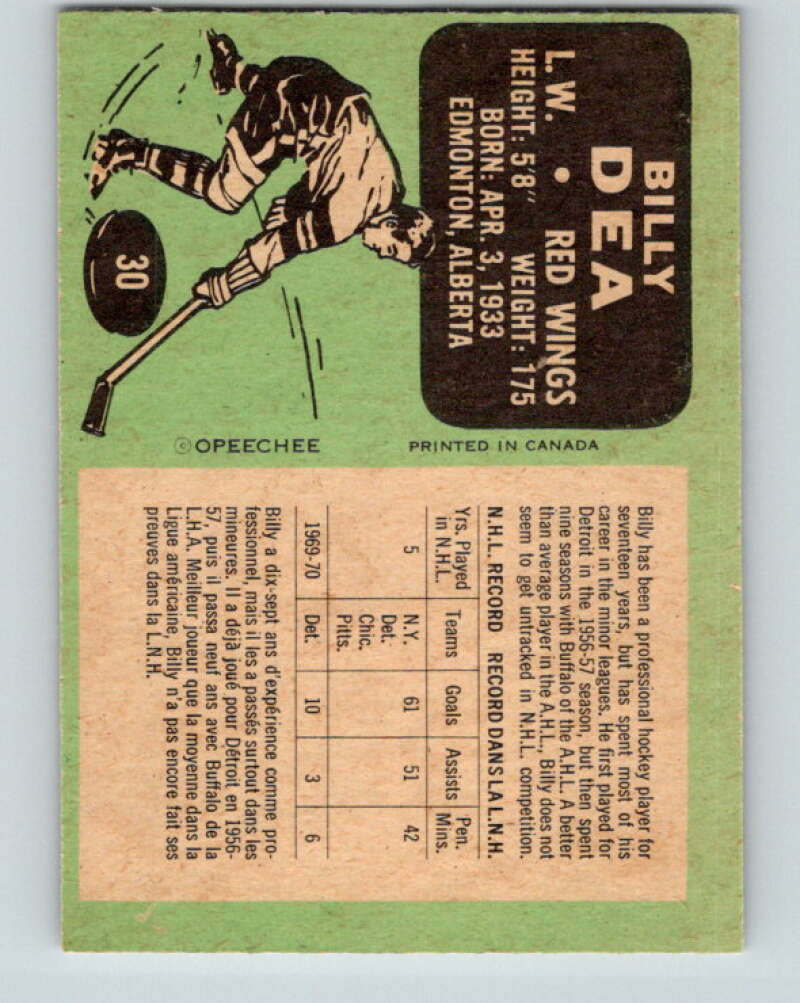 1970-71 O-Pee-Chee #30 Billy Dea Detroit Red Wings V2486