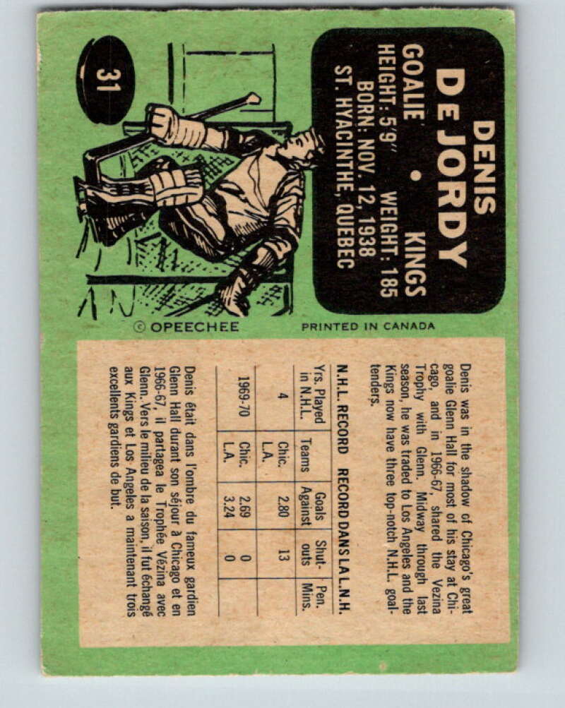 1970-71 O-Pee-Chee #31 Denis DeJordy Los Angeles Kings V2487
