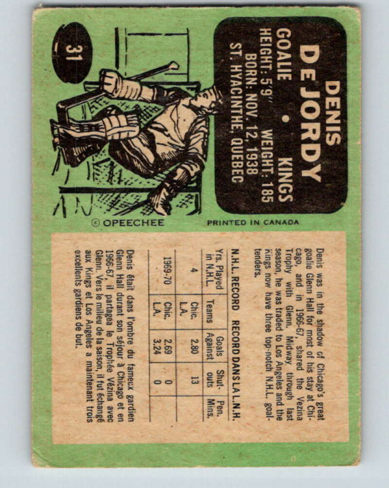 1970-71 O-Pee-Chee #31 Denis DeJordy Los Angeles Kings V2488