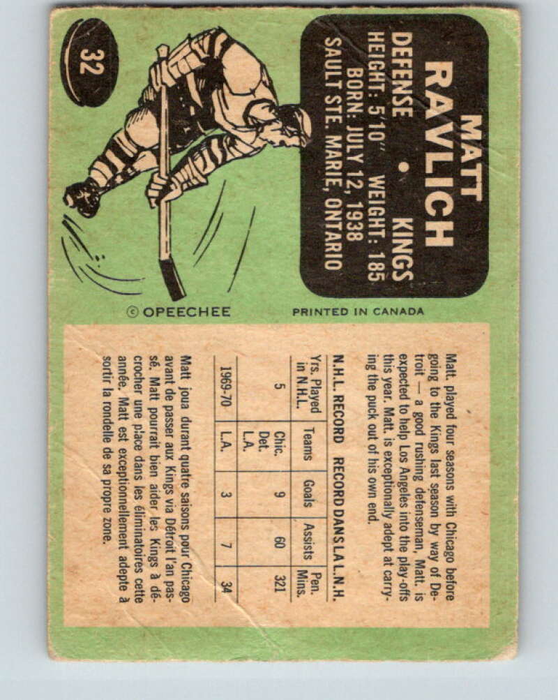 1970-71 O-Pee-Chee #32 Matt Ravlich Los Angeles Kings V2489