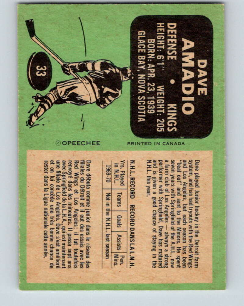 1970-71 O-Pee-Chee #33 Dave Amadio Los Angeles Kings V2490