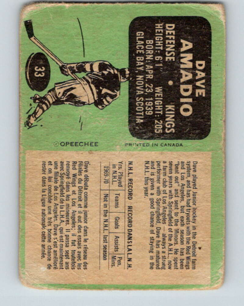 1970-71 O-Pee-Chee #33 Dave Amadio Los Angeles Kings V2491