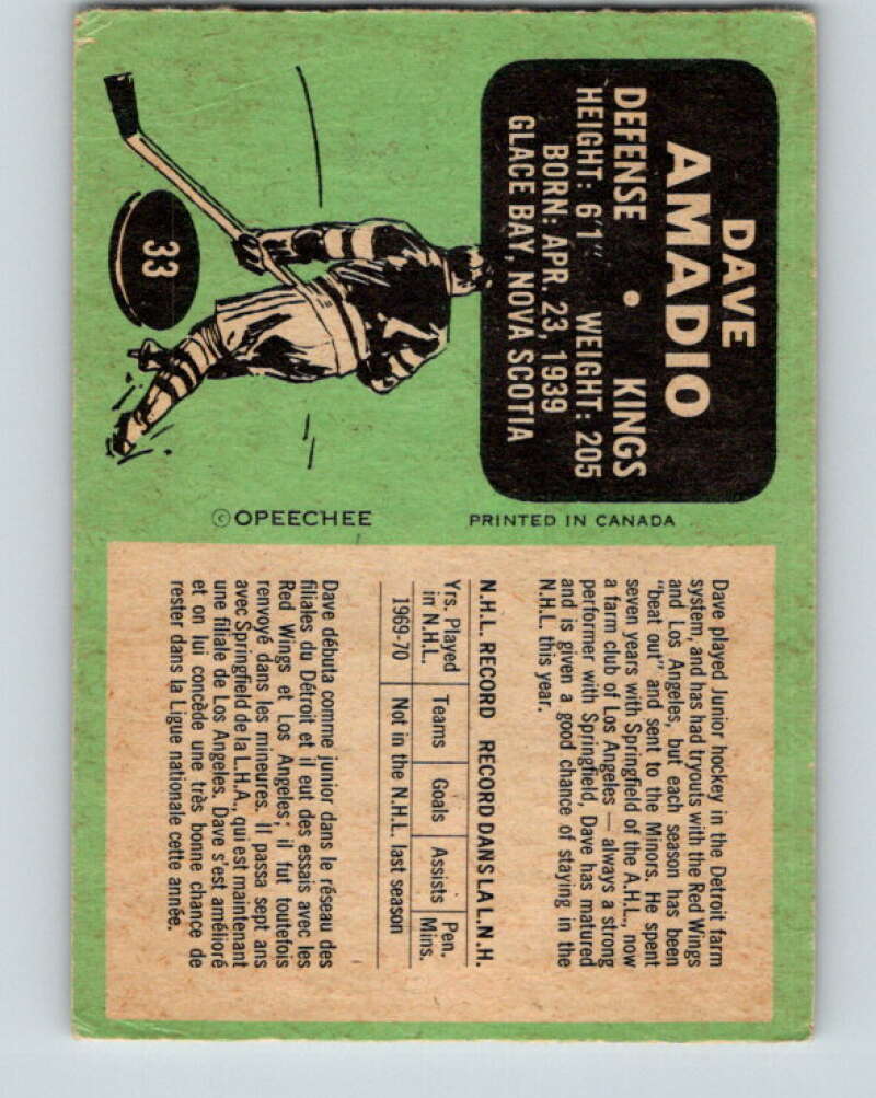 1970-71 O-Pee-Chee #33 Dave Amadio Los Angeles Kings V2492