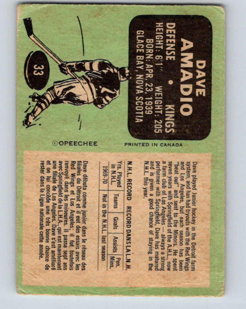 1970-71 O-Pee-Chee #33 Dave Amadio Los Angeles Kings V2493