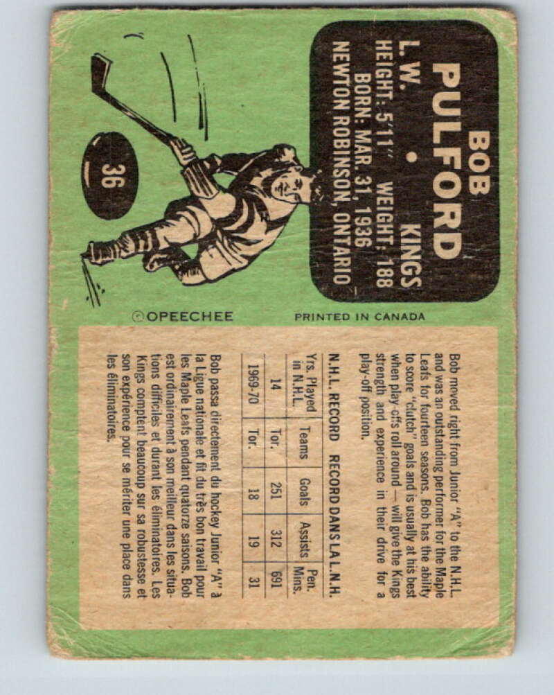 1970-71 O-Pee-Chee #36 Bob Pulford Los Angeles Kings V2497