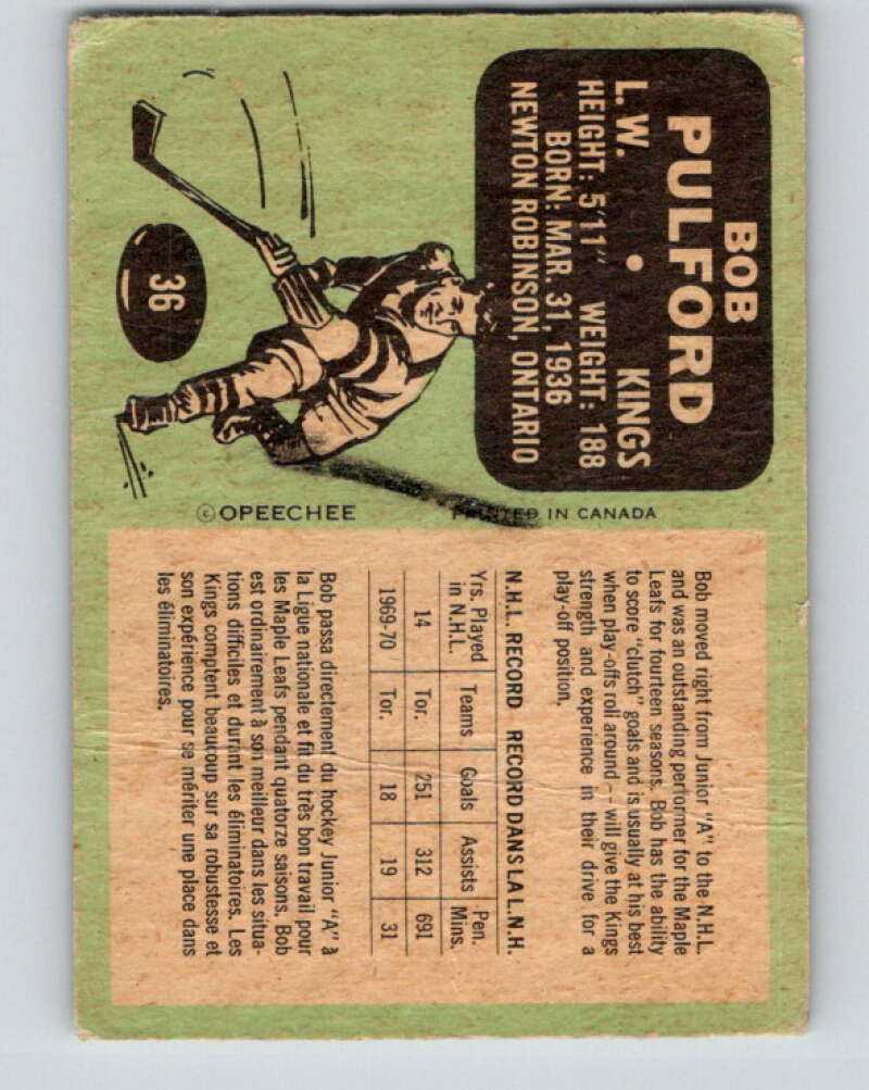 1970-71 O-Pee-Chee #36 Bob Pulford Los Angeles Kings V2498