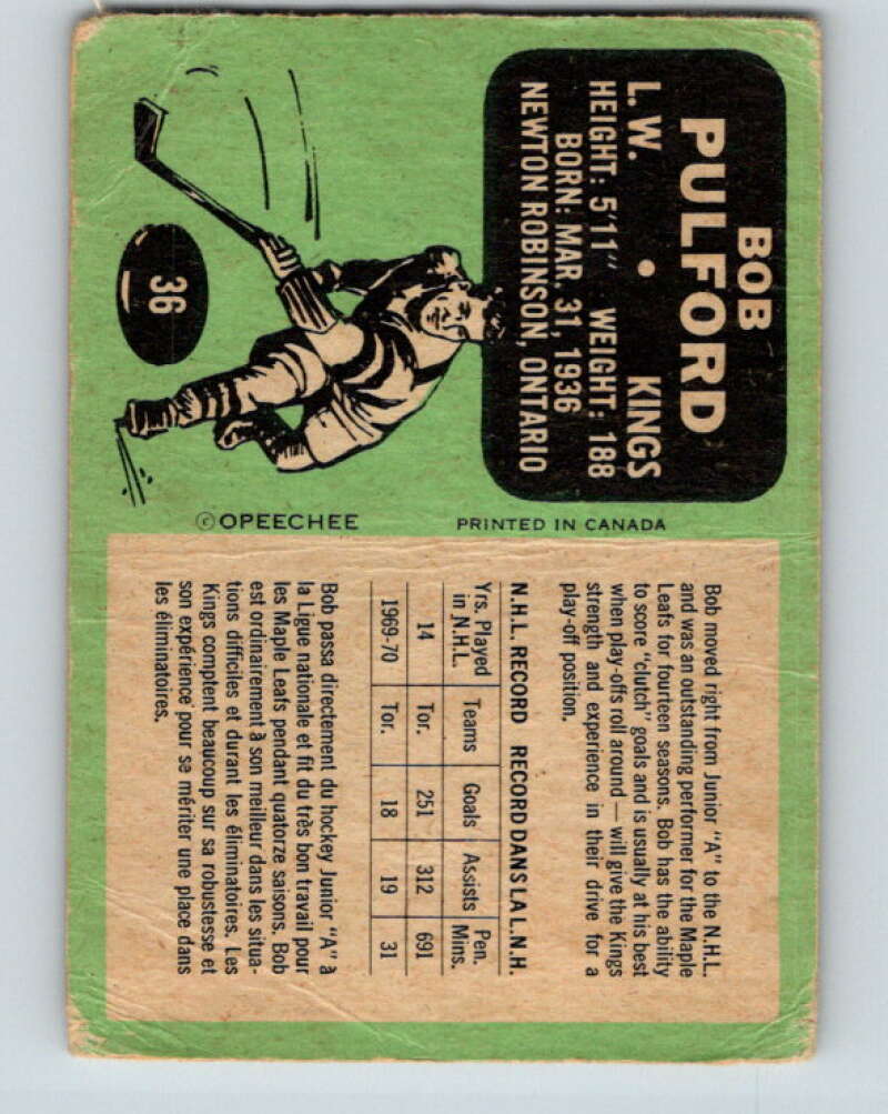 1970-71 O-Pee-Chee #36 Bob Pulford Los Angeles Kings V2500