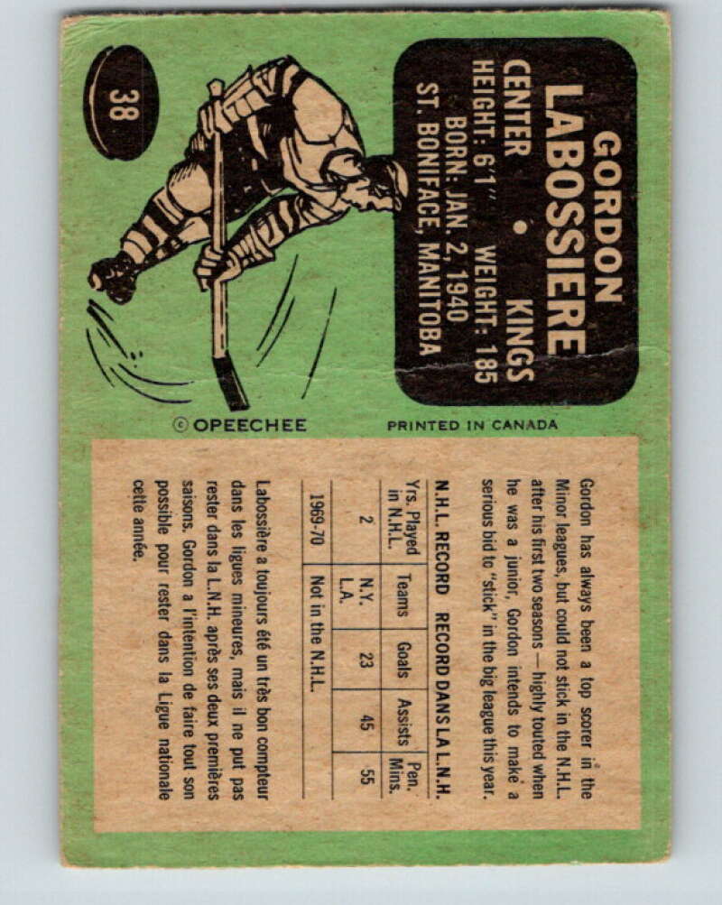 1970-71 O-Pee-Chee #38 Gord Labossiere Los Angeles Kings V2503