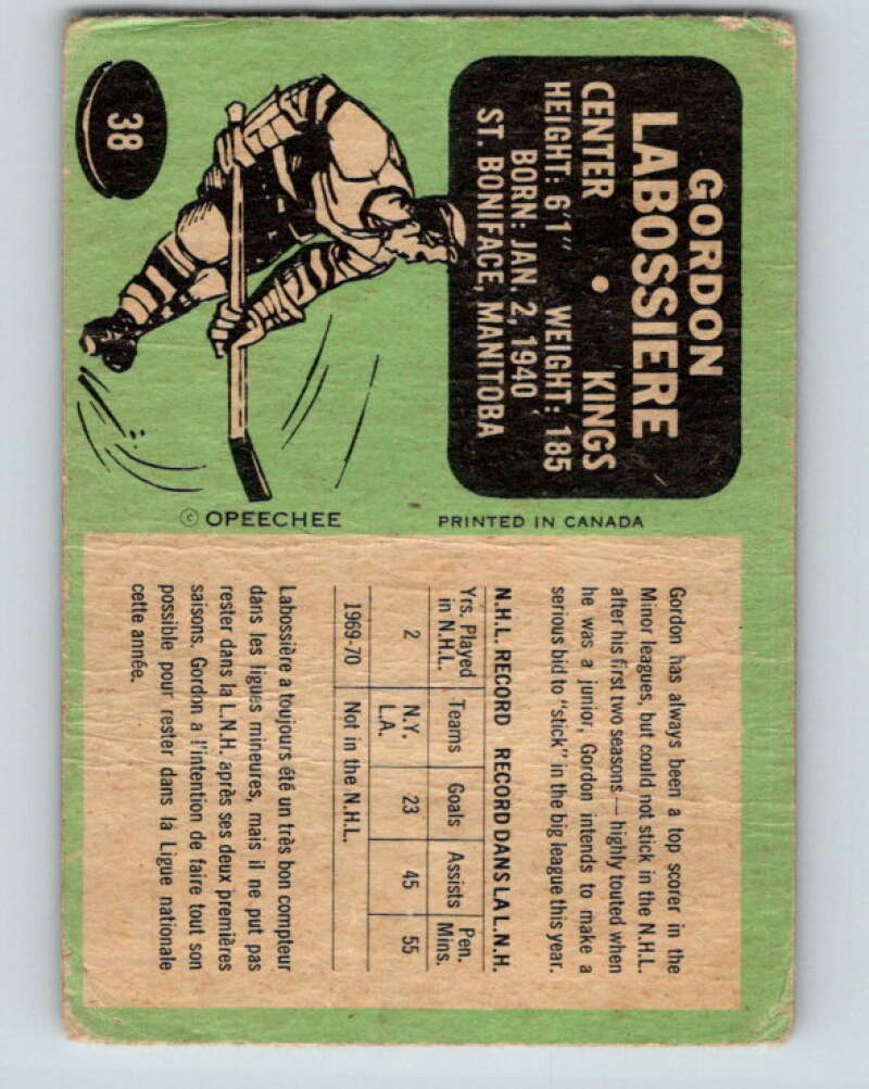 1970-71 O-Pee-Chee #38 Gord Labossiere Los Angeles Kings V2505