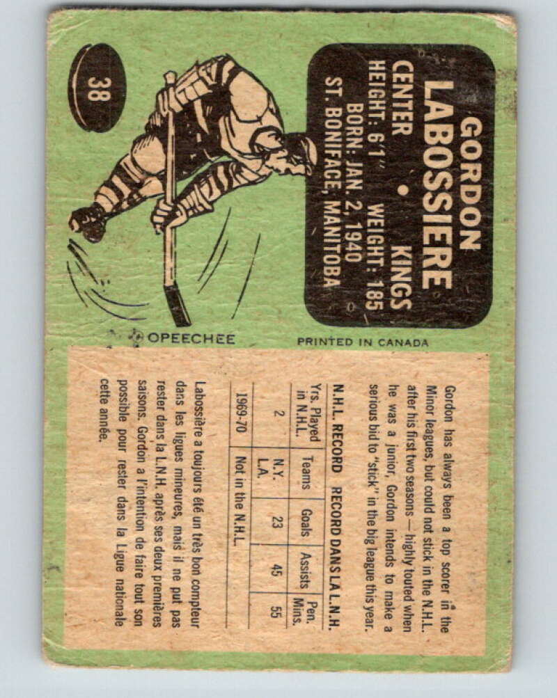 1970-71 O-Pee-Chee #38 Gord Labossiere Los Angeles Kings V2506