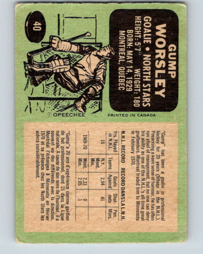 1970-71 O-Pee-Chee #40 Gump Worsley Minnesota North Stars V2508