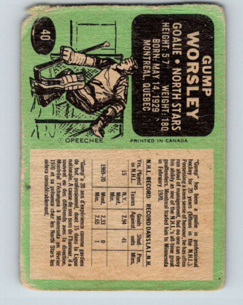1970-71 O-Pee-Chee #40 Gump Worsley Minnesota North Stars V2509