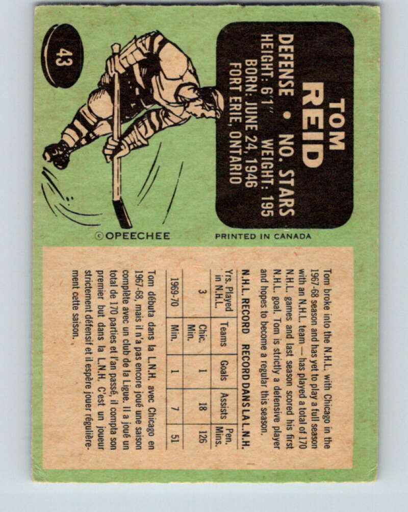 1970-71 O-Pee-Chee #43 Tom Reid RC Rookie Minnesota North Stars V2516