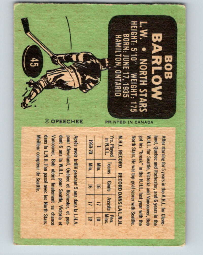 1970-71 O-Pee-Chee #45 Bob Barlow Minnesota North Stars V2520