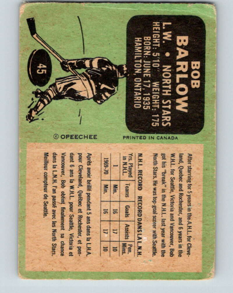 1970-71 O-Pee-Chee #45 Bob Barlow Minnesota North Stars V2521