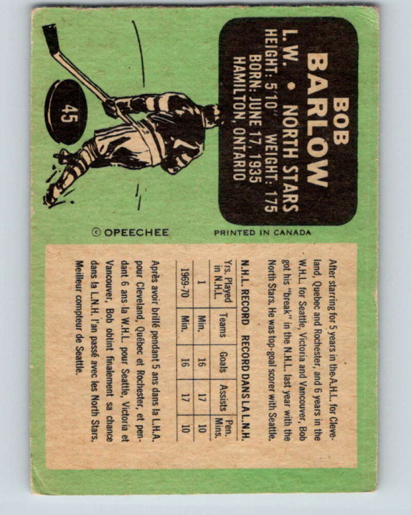 1970-71 O-Pee-Chee #45 Bob Barlow Minnesota North Stars V2522