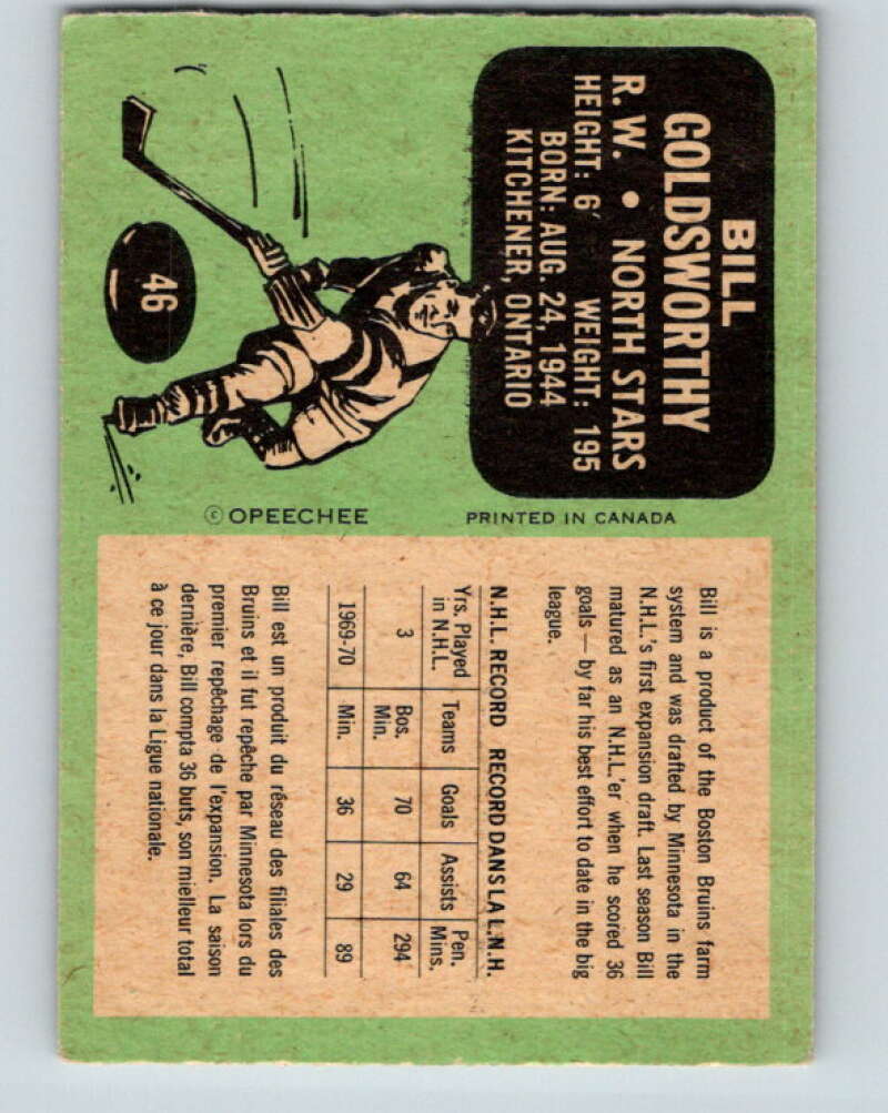 1970-71 O-Pee-Chee #46 Bill Goldsworthy Minnesota North Stars V2523