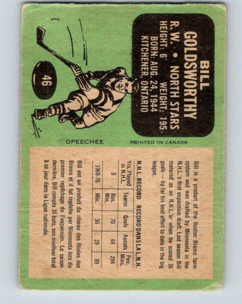 1970-71 O-Pee-Chee #46 Bill Goldsworthy Minnesota North Stars V2524