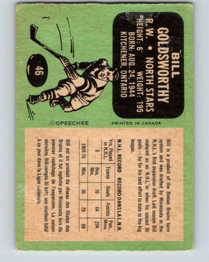 1970-71 O-Pee-Chee #46 Bill Goldsworthy Minnesota North Stars V2525