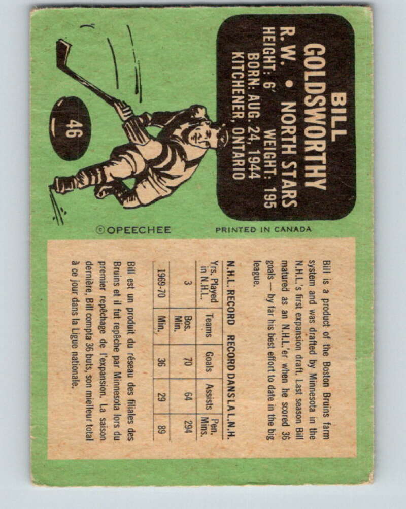 1970-71 O-Pee-Chee #46 Bill Goldsworthy Minnesota North Stars V2526