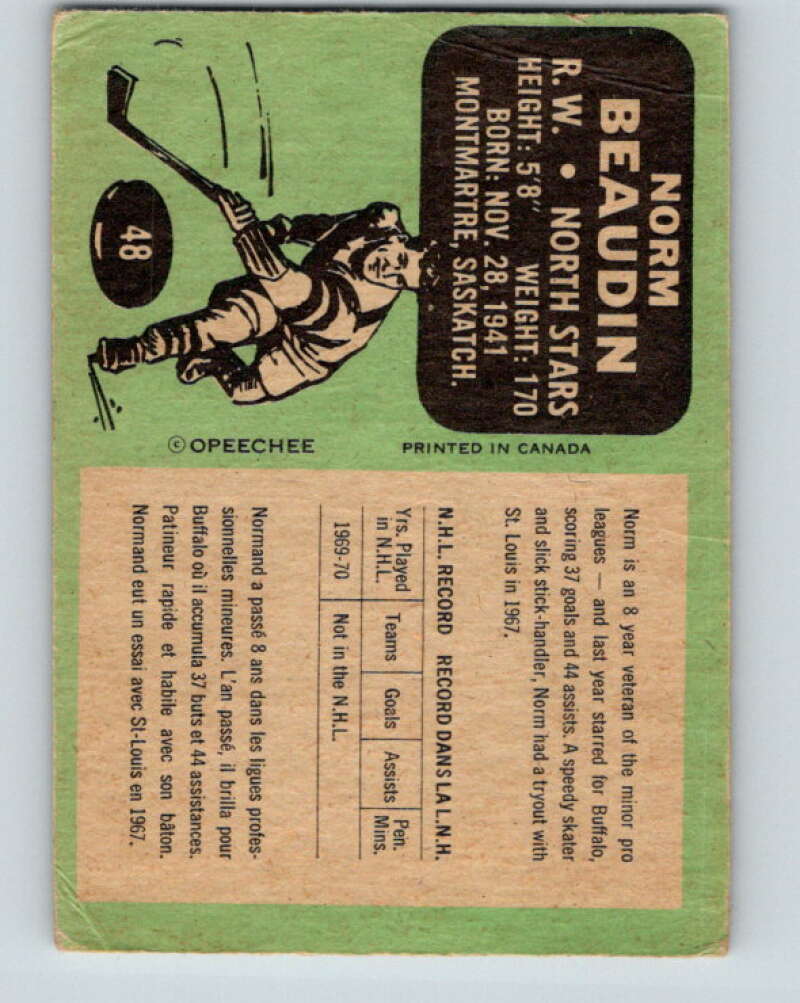 1970-71 O-Pee-Chee #48 Norm Beaudin RC Rookie Minnesota North Stars V2529