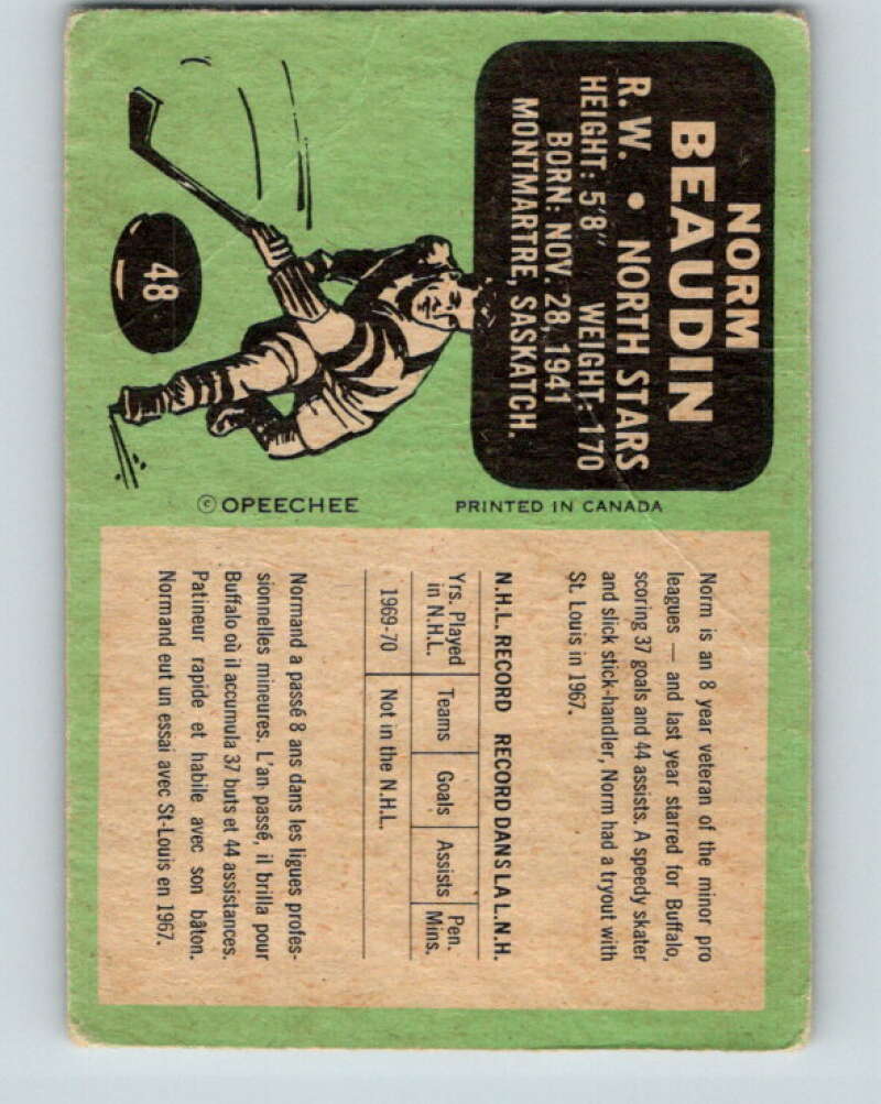 1970-71 O-Pee-Chee #48 Norm Beaudin RC Rookie Minnesota North Stars V2530