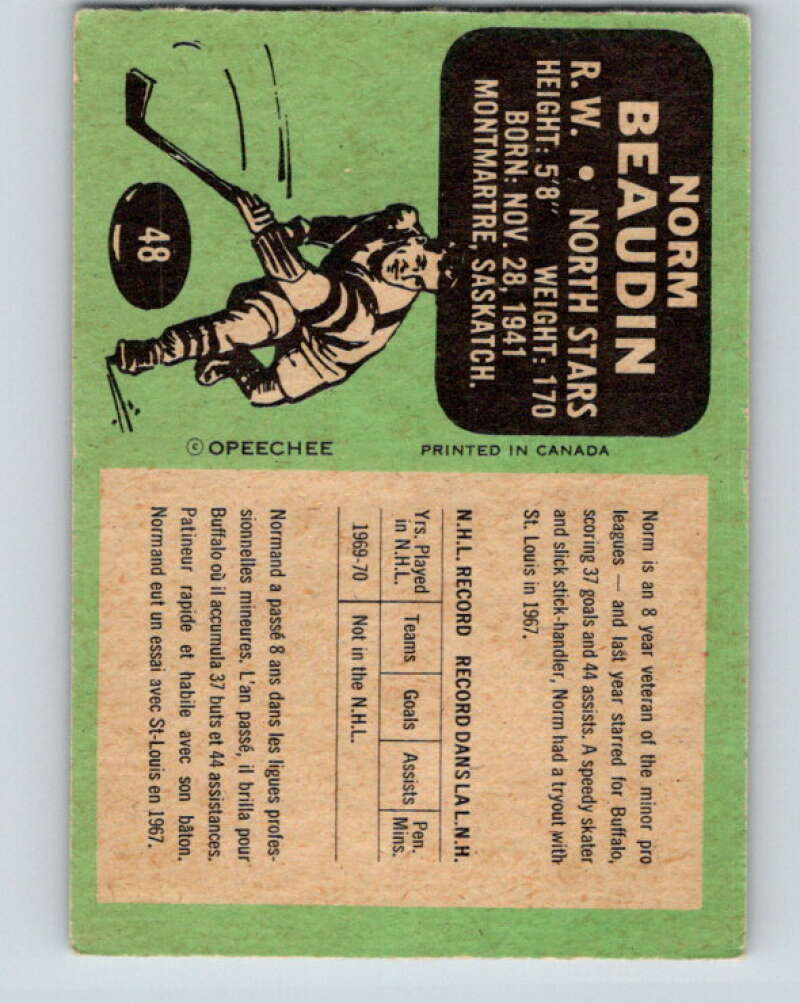 1970-71 O-Pee-Chee #48 Norm Beaudin RC Rookie Minnesota North Stars V2531