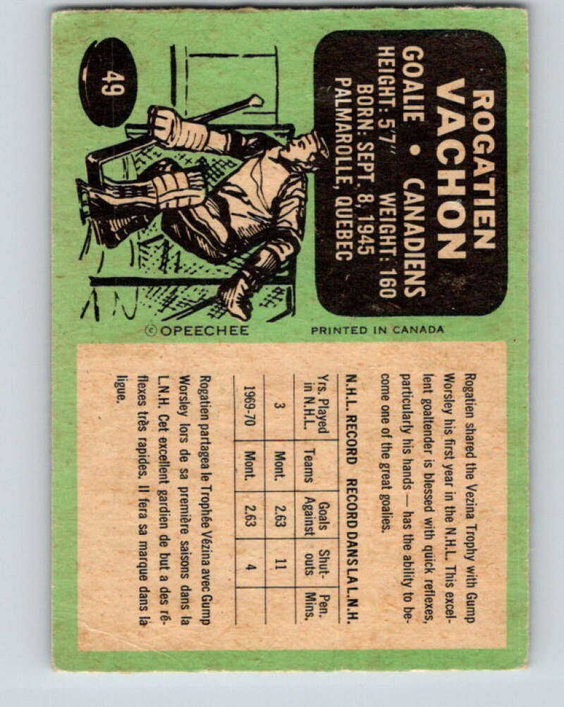 1970-71 O-Pee-Chee #49 Rogie Vachon Montreal Canadiens V2533