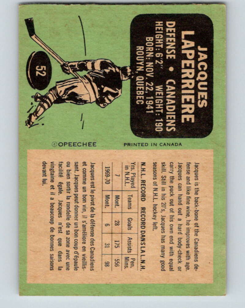 1970-71 O-Pee-Chee #52 Jacques Laperriere Montreal Canadiens V2538