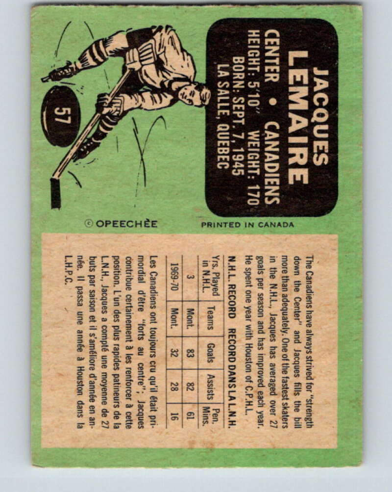 1970-71 O-Pee-Chee #57 Jacques Lemaire Montreal Canadiens V2548