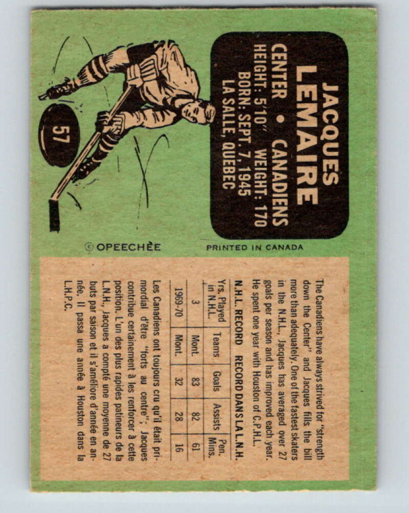 1970-71 O-Pee-Chee #57 Jacques Lemaire Montreal Canadiens V2550