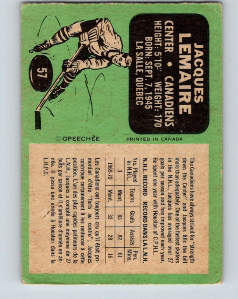 1970-71 O-Pee-Chee #57 Jacques Lemaire Montreal Canadiens V2551