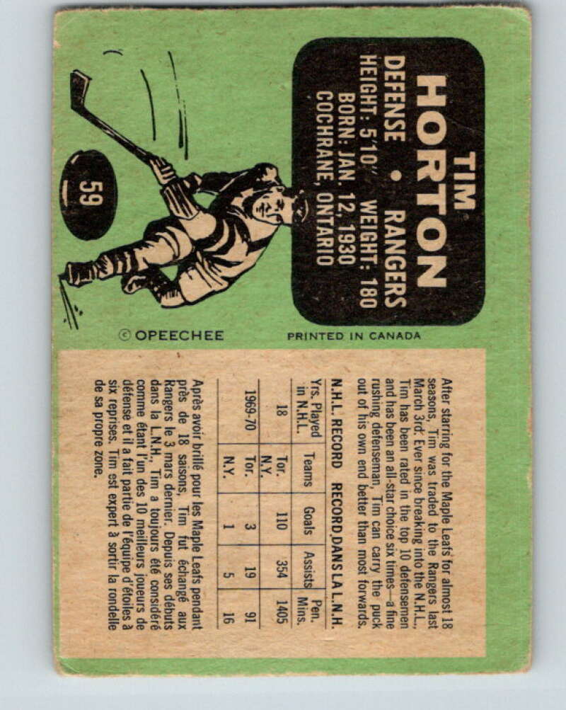 1970-71 O-Pee-Chee #59 Tim Horton New York Rangers V2554