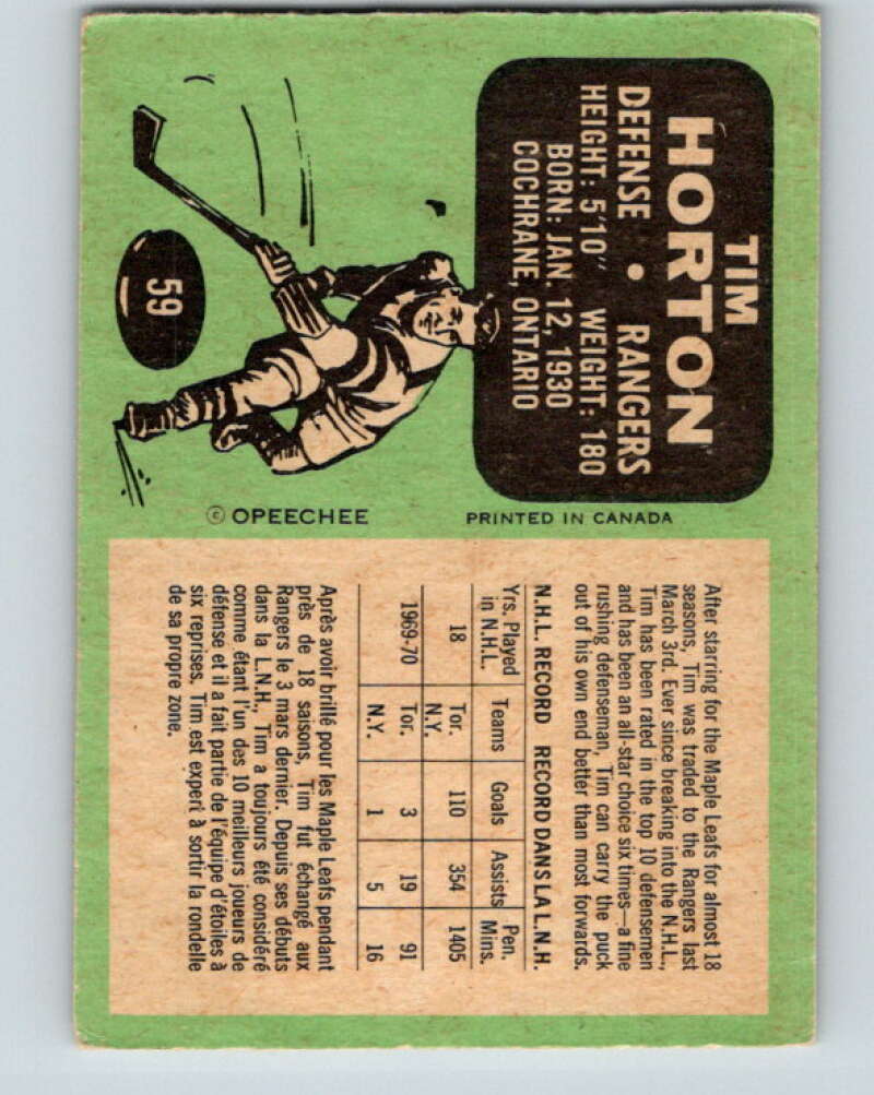 1970-71 O-Pee-Chee #59 Tim Horton New York Rangers V2555