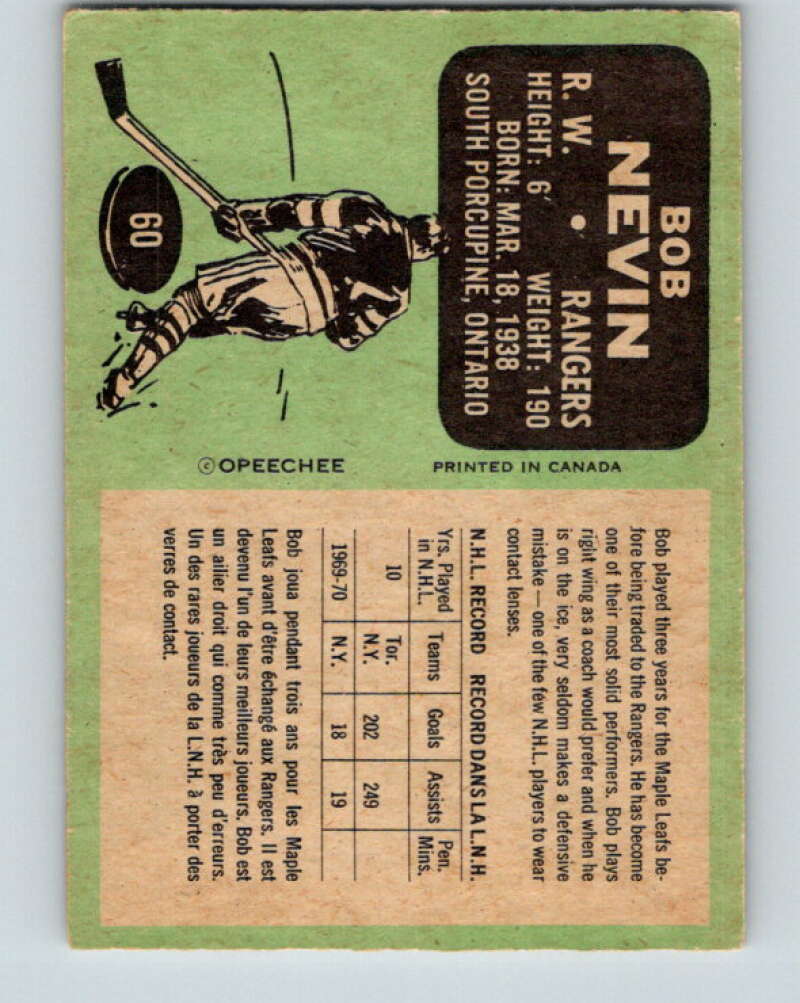1970-71 O-Pee-Chee #60 Bob Nevin New York Rangers V2556