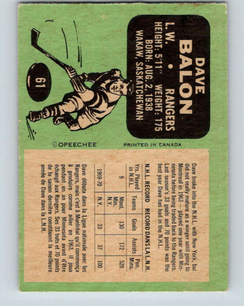 1970-71 O-Pee-Chee #61 Dave Balon New York Rangers V2560