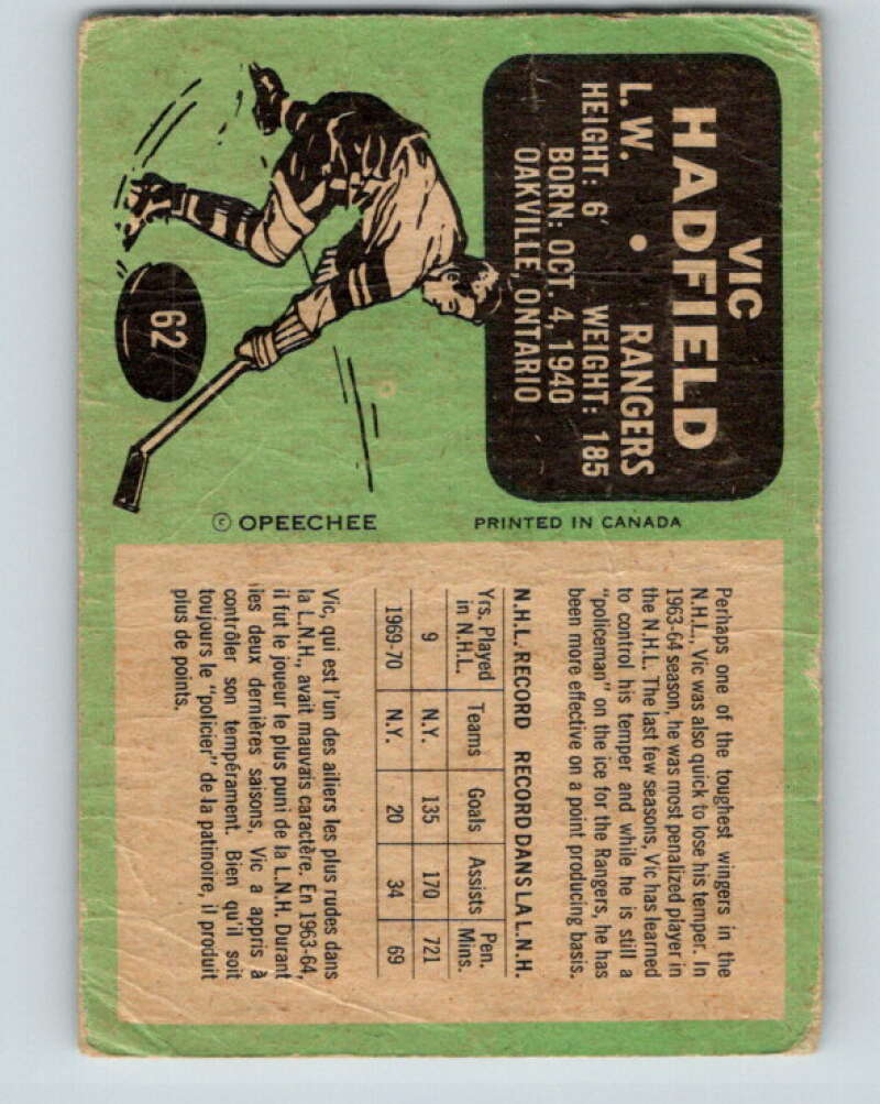 1970-71 O-Pee-Chee #62 Vic Hadfield New York Rangers V2561
