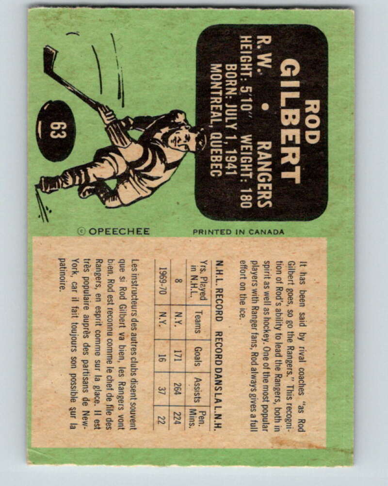 1970-71 O-Pee-Chee #63 Rod Gilbert New York Rangers V2563