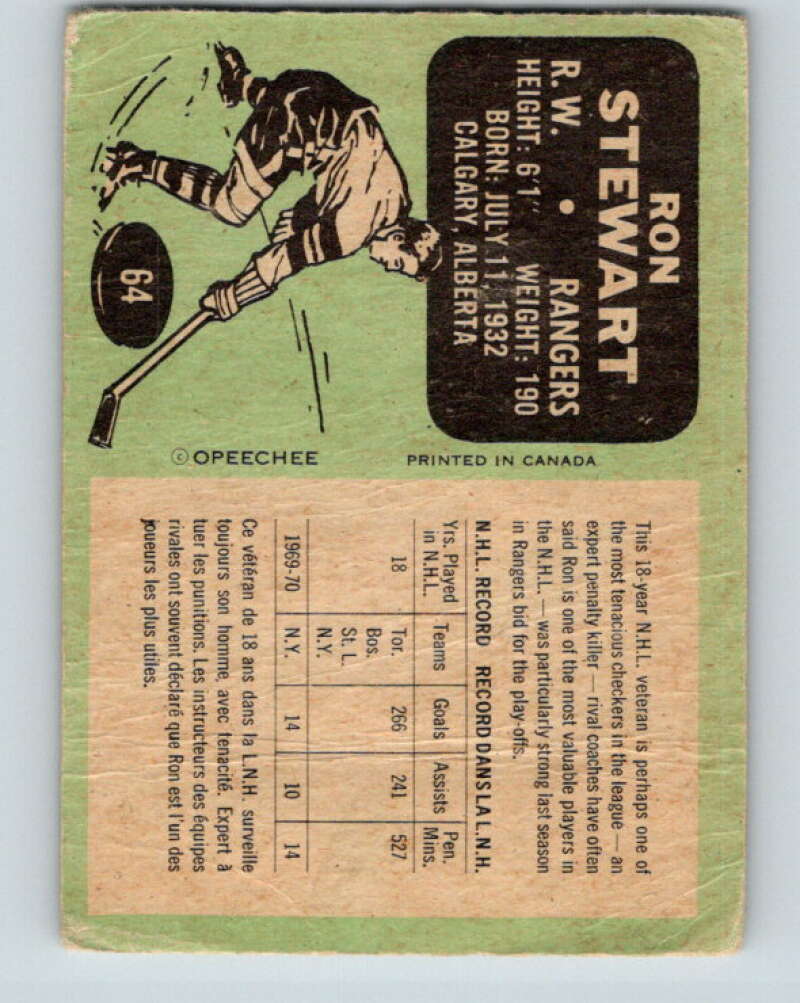 1970-71 O-Pee-Chee #64 Ron Stewart New York Rangers V2564