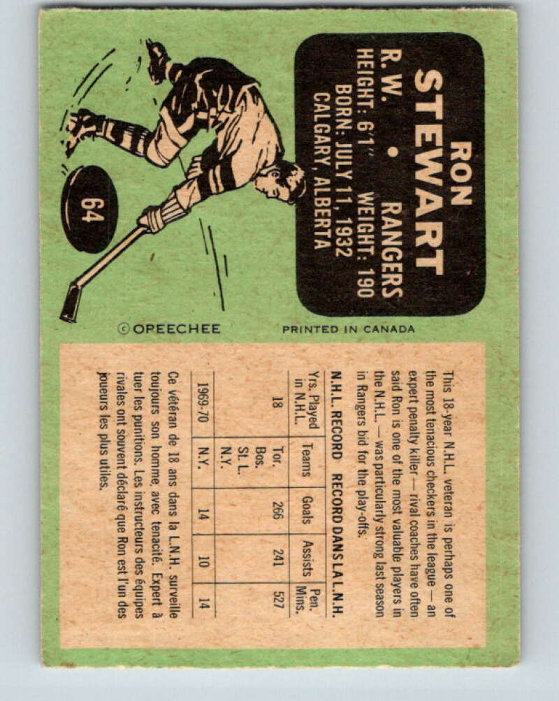 1970-71 O-Pee-Chee #64 Ron Stewart New York Rangers V2565