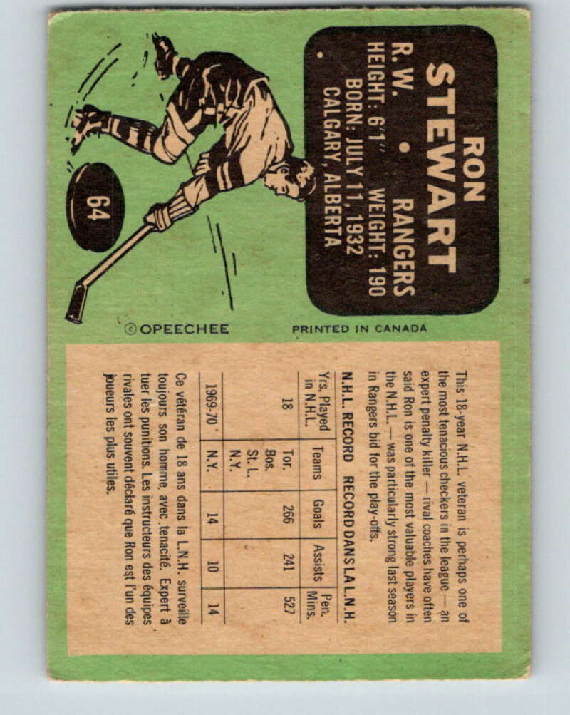 1970-71 O-Pee-Chee #64 Ron Stewart New York Rangers V2566