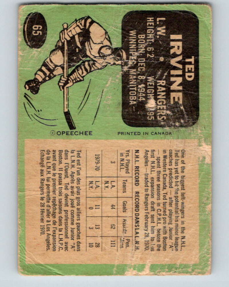 1970-71 O-Pee-Chee #65 Ted Irvine New York Rangers V2567