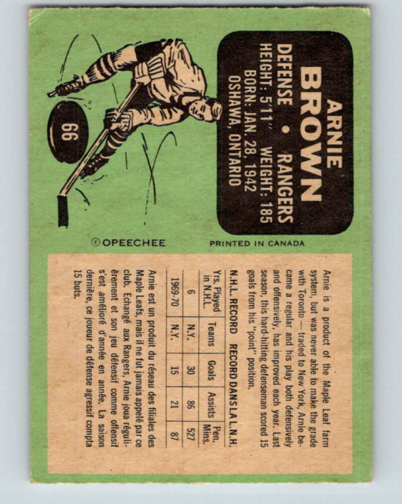 1970-71 O-Pee-Chee #66 Arnie Brown New York Rangers V2568