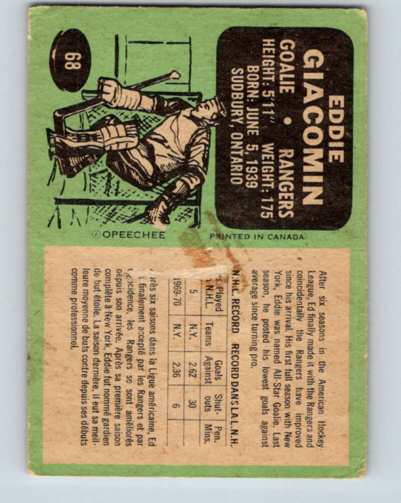1970-71 O-Pee-Chee #68 Ed Giacomin New York Rangers V2571