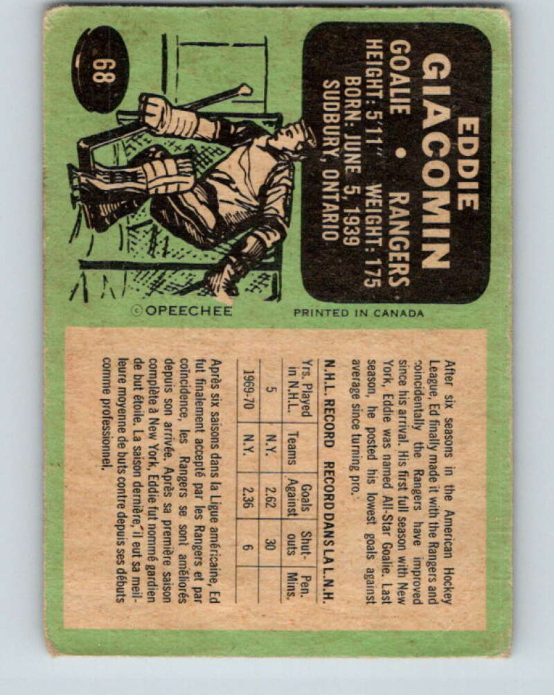 1970-71 O-Pee-Chee #68 Ed Giacomin New York Rangers V2572