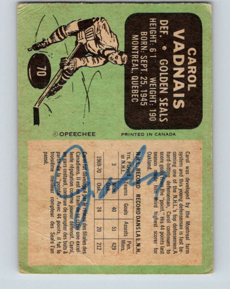 1970-71 O-Pee-Chee #70 Carol Vadnais California Golden Seals V2576
