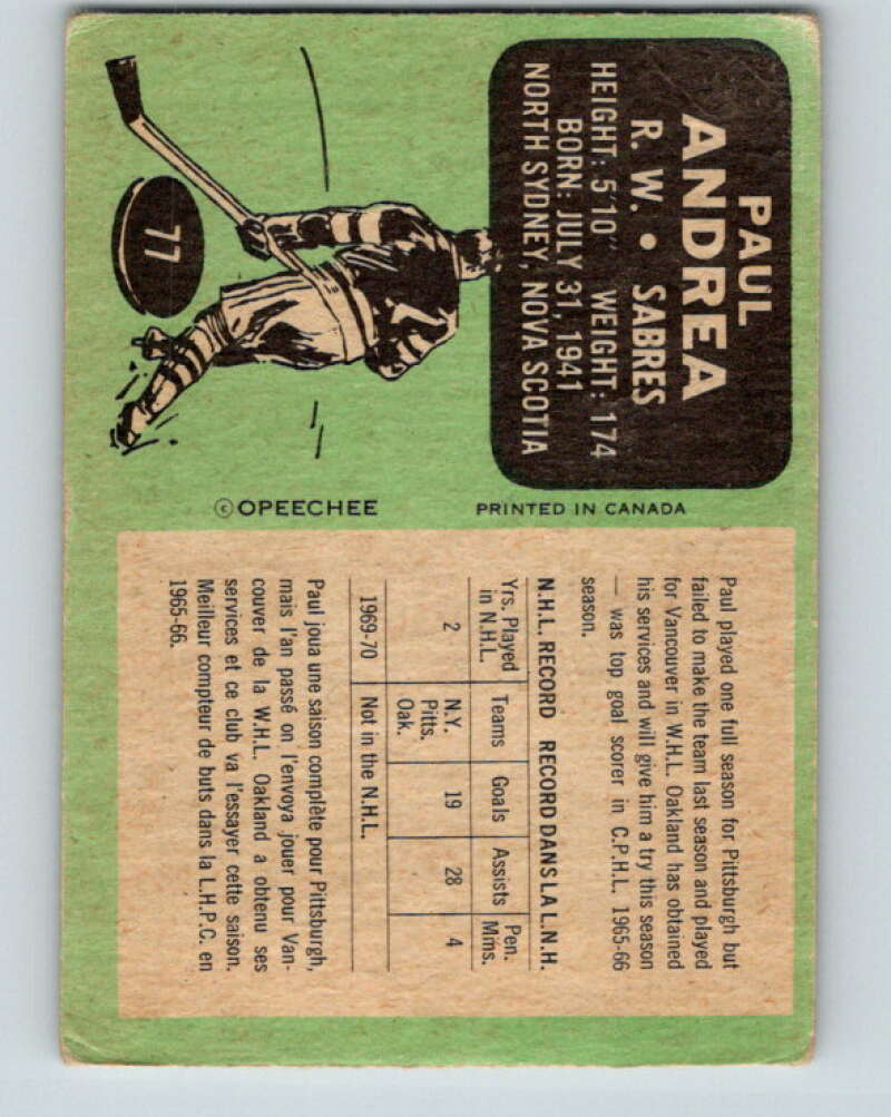 1970-71 O-Pee-Chee #77 Paul Andrea RC Rookie Buffalo Sabres V2591