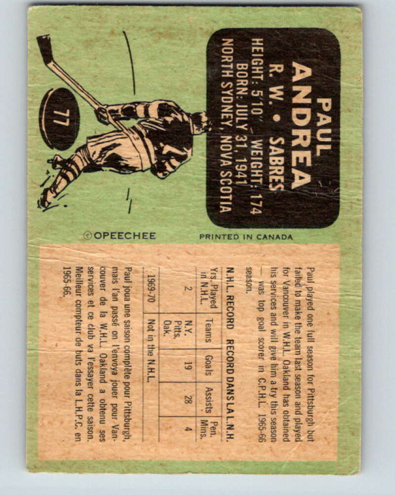 1970-71 O-Pee-Chee #77 Paul Andrea RC Rookie Buffalo Sabres V2592