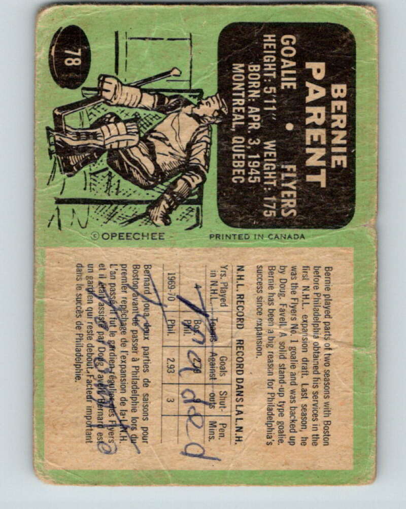 1970-71 O-Pee-Chee #78 Bernie Parent Philadelphia Flyers V2593